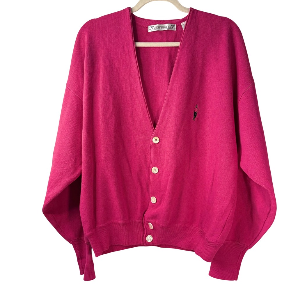 VTG John Ashford Golf Pink Cardigan Sweater‎ XL 100% Cotton Grandpa Core Preppy